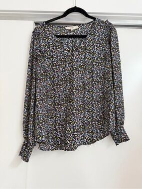 LOFT Black Floral ditsy print long-sleeve blouse